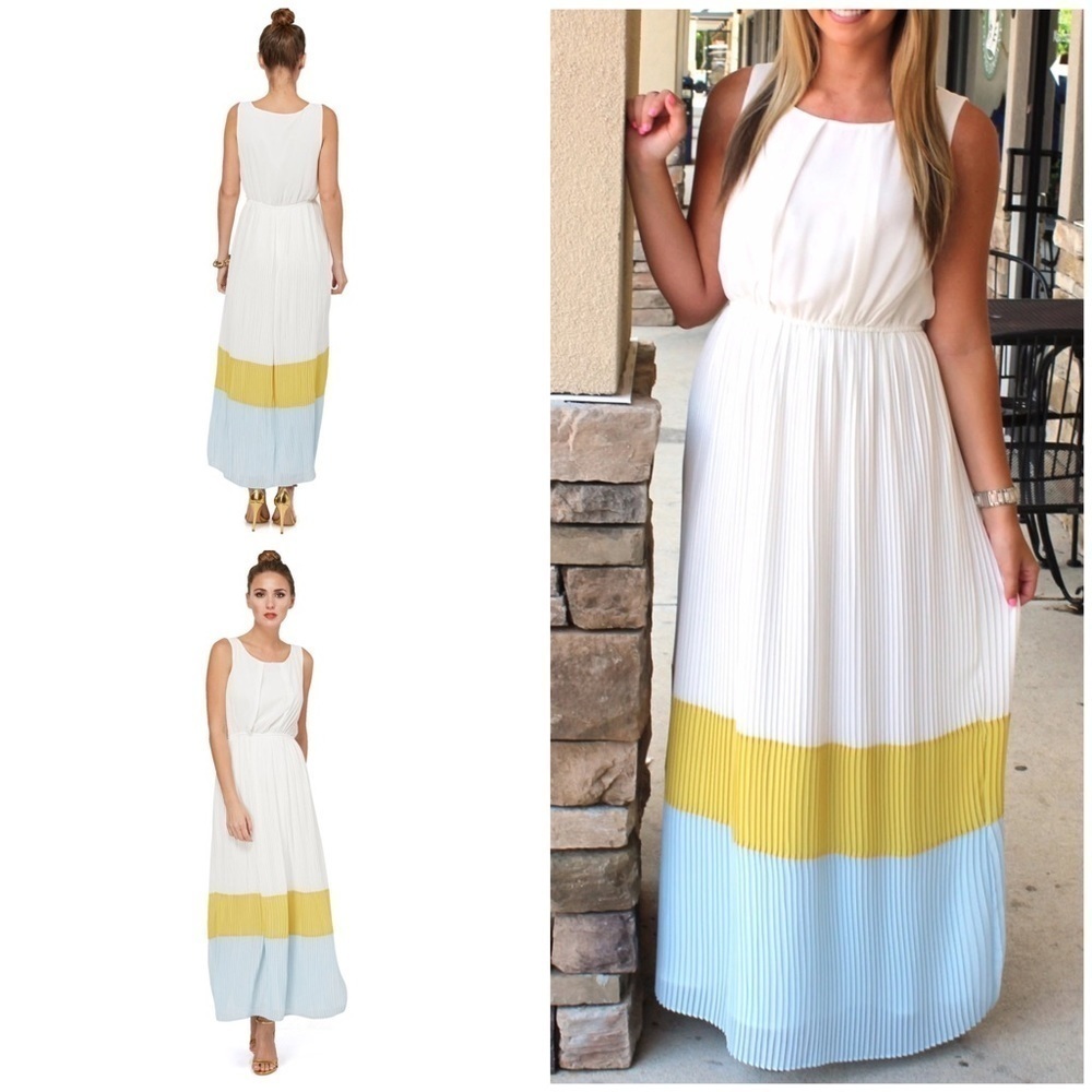 NWT Darling Justina Pleated Skirt Pastel Blue & White Yelleo Striped Maxi Dress 